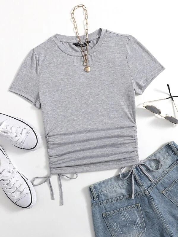 DRAWSTRING SIDE SOLID TEE-BLACK