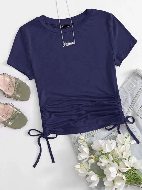 DRAWSTRING SIDE SOLID TEE-BLACK