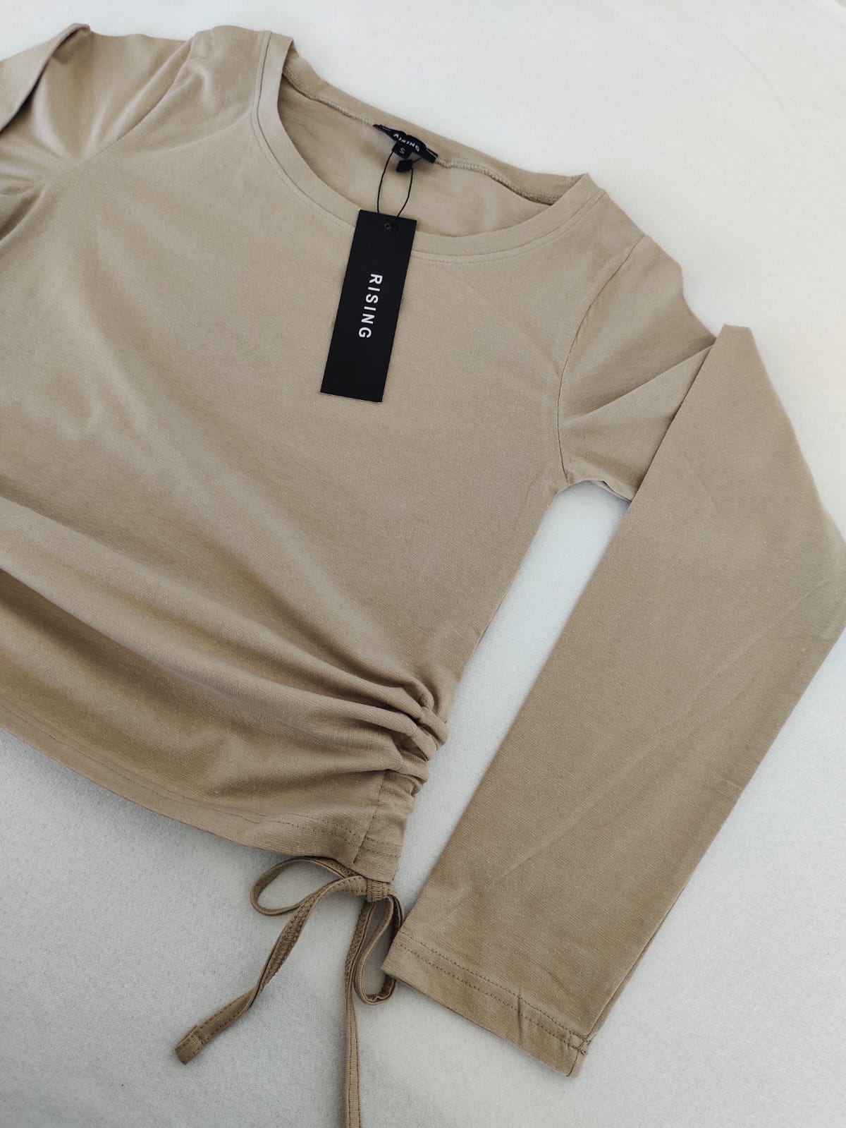 DRAWSTRING RUCHED SOLID FULL SLEEVE TEE-BLACK