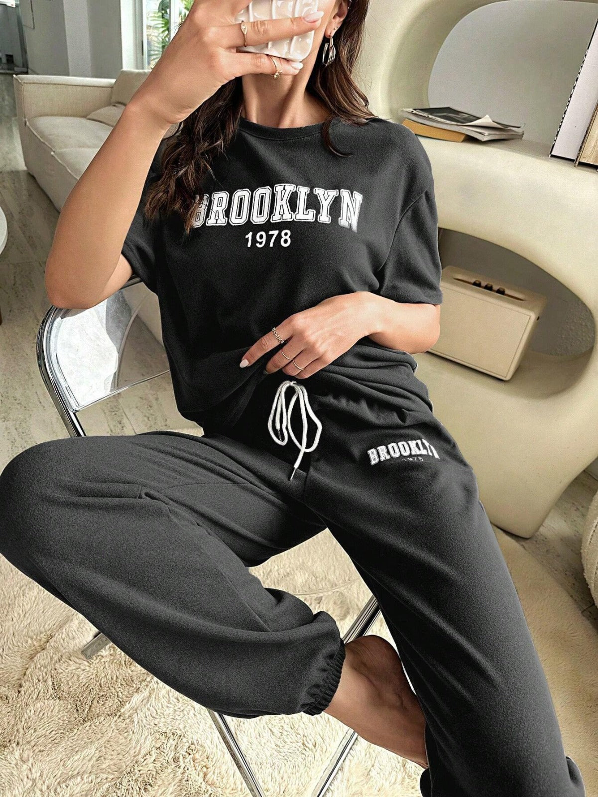 LETTER GRAPHIC DROP SHOULDER TEE & DRAWSTRING WAIST PANT