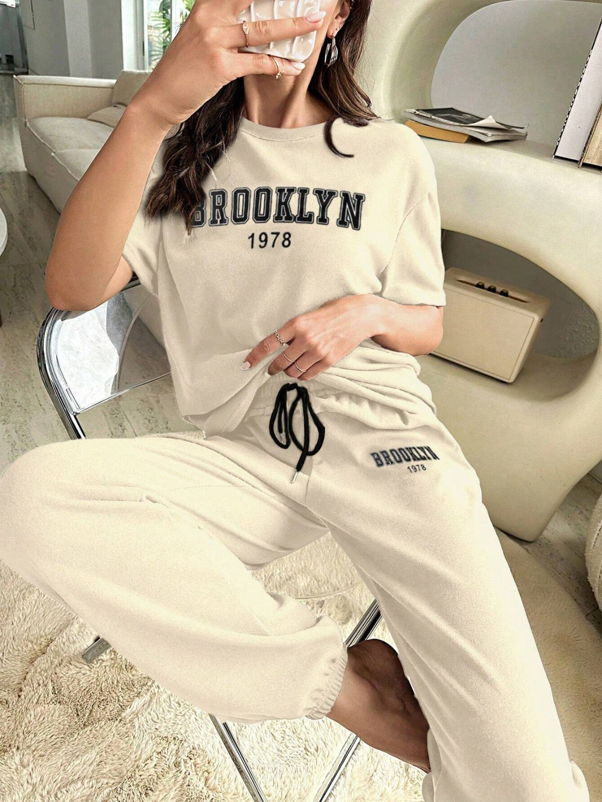 LETTER GRAPHIC DROP SHOULDER TEE & DRAWSTRING WAIST PANT