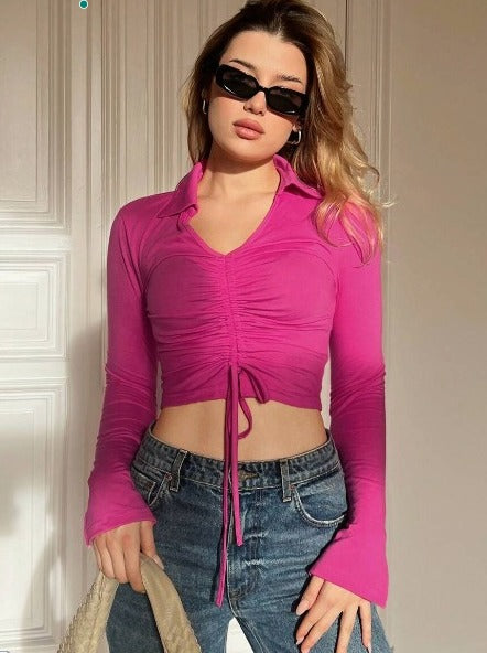 DEEP V NECK DRAWSTRING AND CENTURE KNITTED CASUAL CROPPED T SHIRT