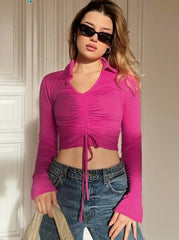 DEEP V NECK DRAWSTRING AND CENTURE KNITTED CASUAL CROPPED T SHIRT