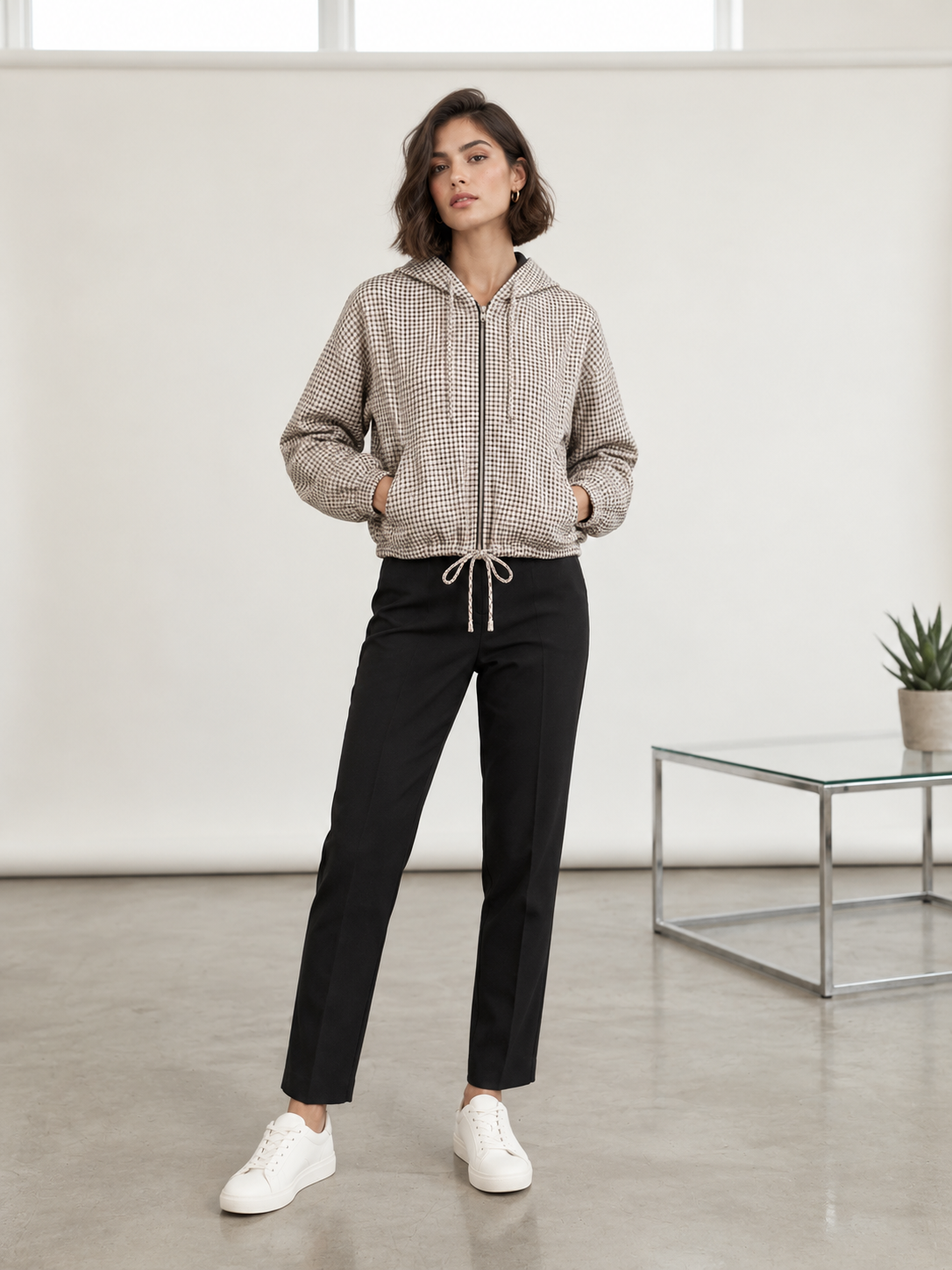 GINGHAM TEXTURED ZIP-UP HOODED JACKET