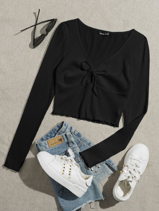 QUTIE LETTUCE TRIM KNOT FRONT RIB-KNIT TEE