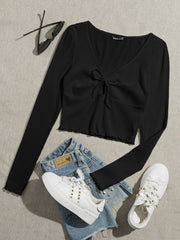 QUTIE LETTUCE TRIM KNOT FRONT RIB-KNIT TEE