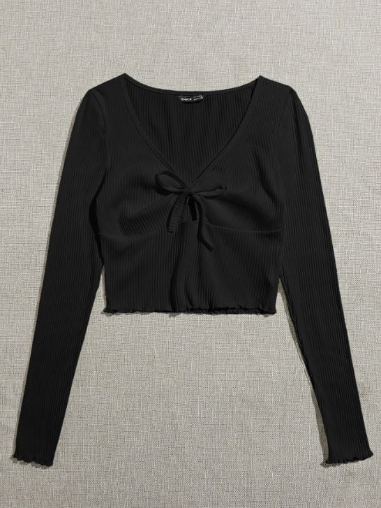 QUTIE LETTUCE TRIM KNOT FRONT RIB-KNIT TEE