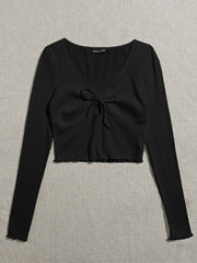 QUTIE LETTUCE TRIM KNOT FRONT RIB-KNIT TEE