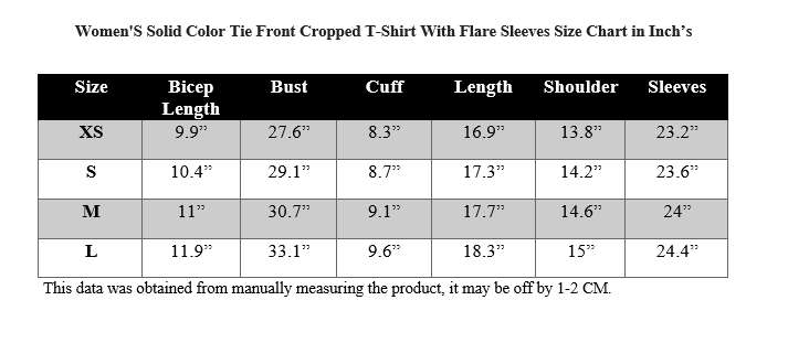 WOMEN'S SOLID COLOR TIE FRONT CROPPED T-SHIRT WITH FLARE SLEEVES