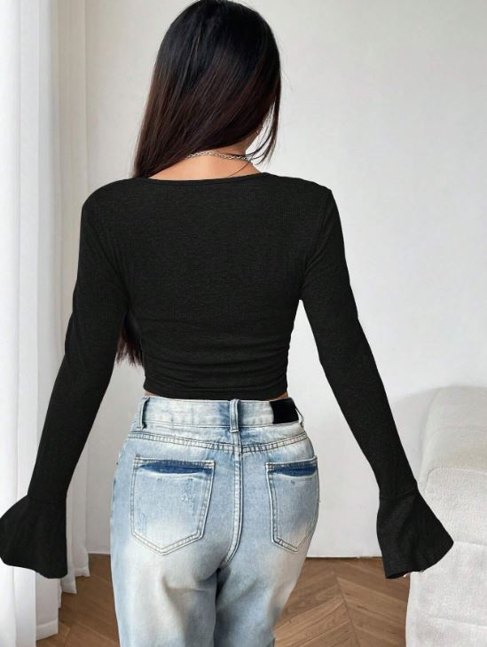 WOMEN'S SOLID COLOR TIE FRONT CROPPED T-SHIRT WITH FLARE SLEEVES