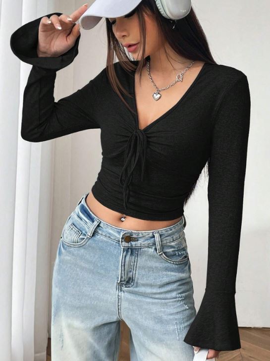WOMEN'S SOLID COLOR TIE FRONT CROPPED T-SHIRT WITH FLARE SLEEVES