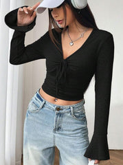 WOMEN'S SOLID COLOR TIE FRONT CROPPED T-SHIRT WITH FLARE SLEEVES