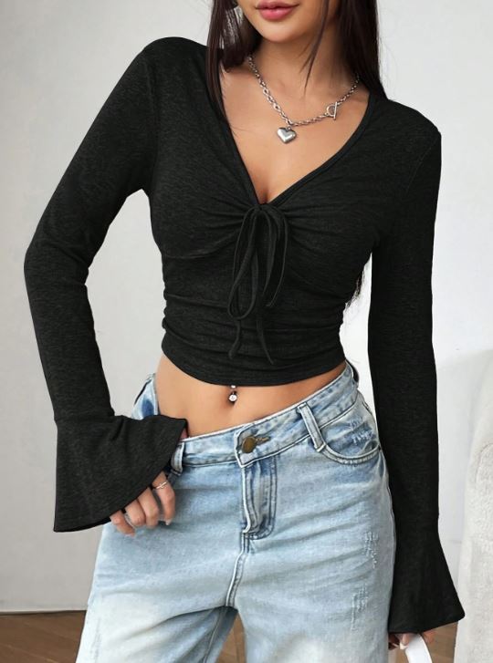 WOMEN'S SOLID COLOR TIE FRONT CROPPED T-SHIRT WITH FLARE SLEEVES