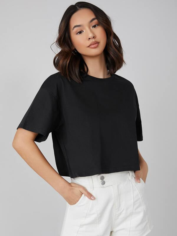 DROP SHOULDER SOLID CROP TEE