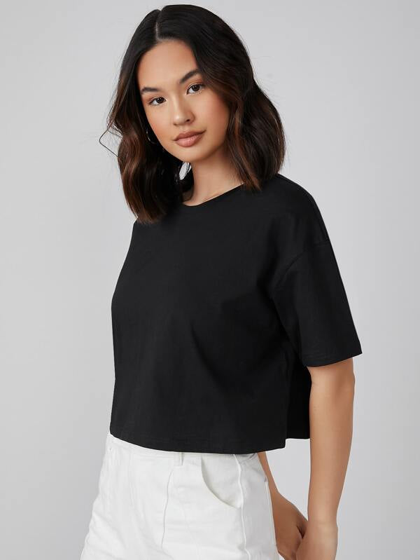 DROP SHOULDER SOLID CROP TEE