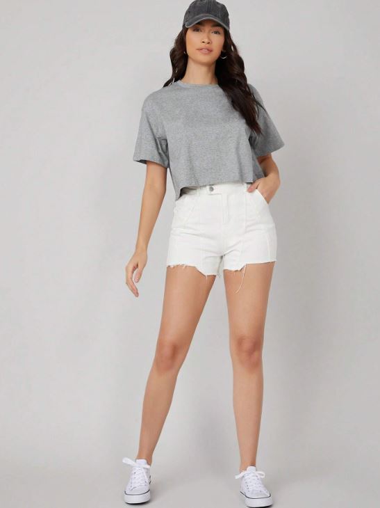 DROP SHOULDER SOLID CROP TEE
