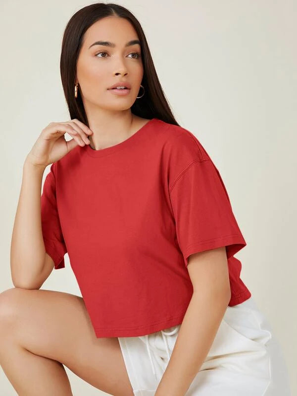 DROP SHOULDER SOLID CROP TEE