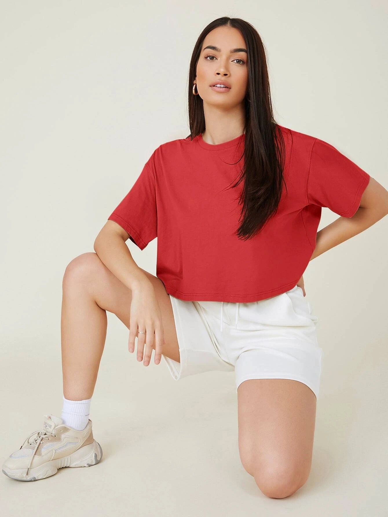 DROP SHOULDER SOLID CROP TEE