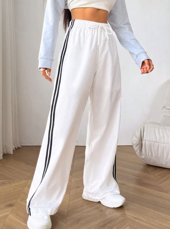 STRIPED SIDE DRAWSTRING WAIST WIDE LEG PANTS