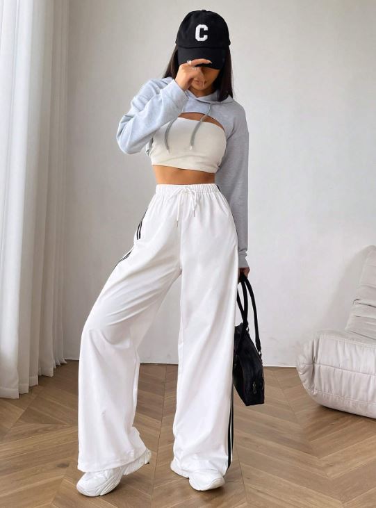 STRIPED SIDE DRAWSTRING WAIST WIDE LEG PANTS