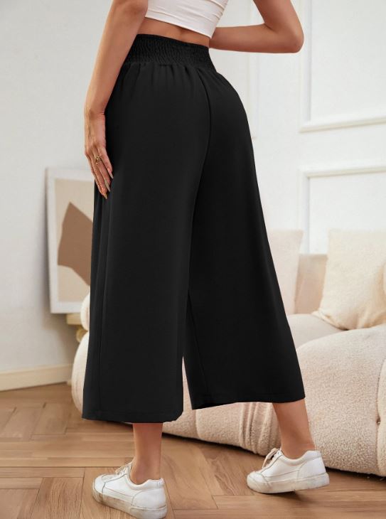 SHIRRED WAIST WIDE LEG TROUSERS