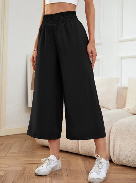 SHIRRED WAIST WIDE LEG TROUSERS