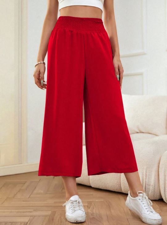 SHIRRED WAIST WIDE LEG TROUSERS