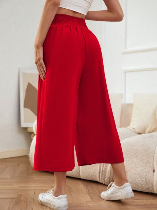 SHIRRED WAIST WIDE LEG TROUSERS