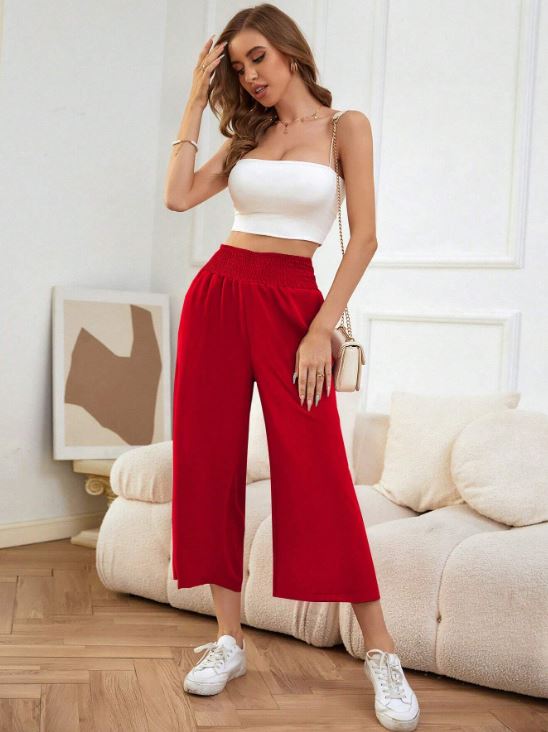 SHIRRED WAIST WIDE LEG TROUSERS