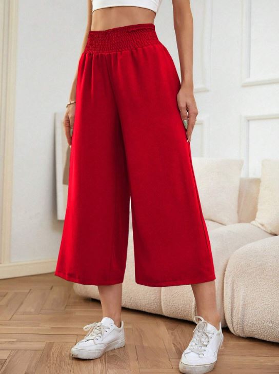SHIRRED WAIST WIDE LEG TROUSERS