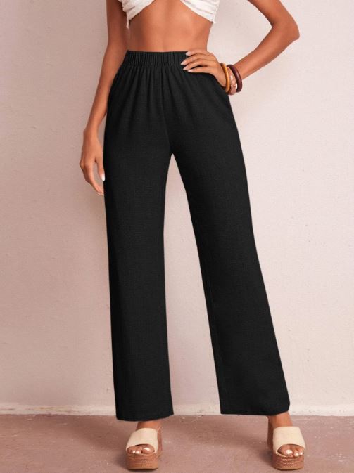 SOLID ELASTIC WAIST WIDE LEG PANTS