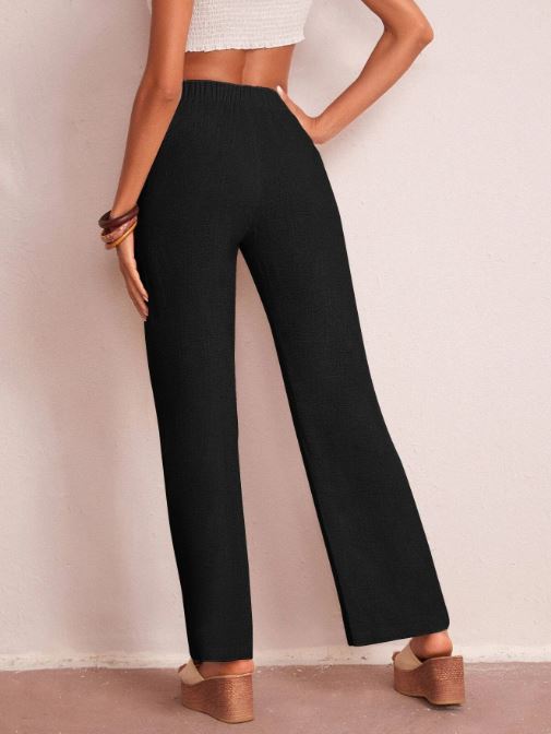 SOLID ELASTIC WAIST WIDE LEG PANTS