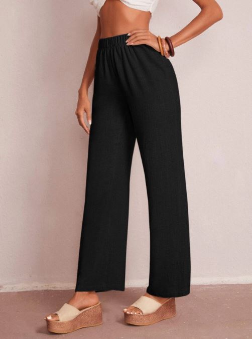 SOLID ELASTIC WAIST WIDE LEG PANTS