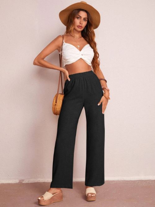 SOLID ELASTIC WAIST WIDE LEG PANTS