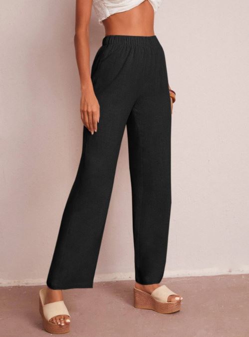 SOLID ELASTIC WAIST WIDE LEG PANTS