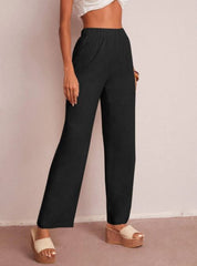 SOLID ELASTIC WAIST WIDE LEG PANTS