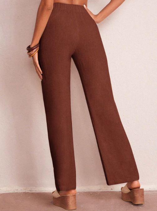 SOLID ELASTIC WAIST WIDE LEG PANTS