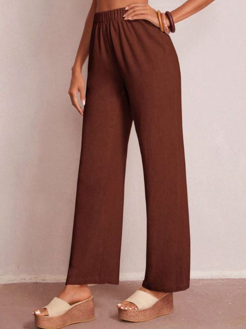SOLID ELASTIC WAIST WIDE LEG PANTS