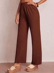 SOLID ELASTIC WAIST WIDE LEG PANTS