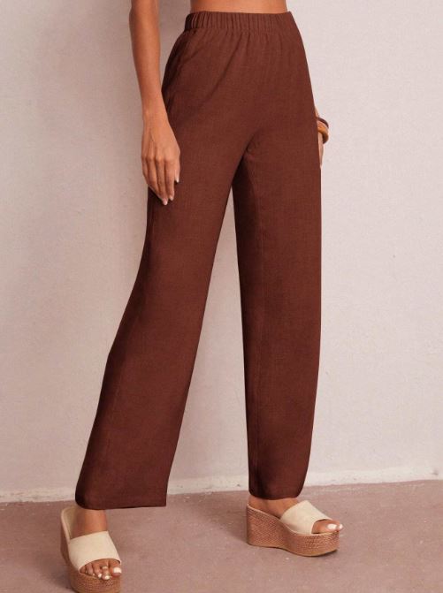 SOLID ELASTIC WAIST WIDE LEG PANTS