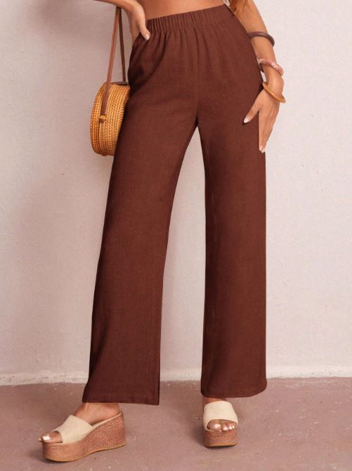SOLID ELASTIC WAIST WIDE LEG PANTS