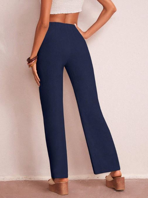 SOLID ELASTIC WAIST WIDE LEG PANTS