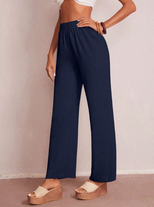 SOLID ELASTIC WAIST WIDE LEG PANTS