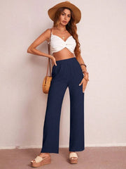 SOLID ELASTIC WAIST WIDE LEG PANTS