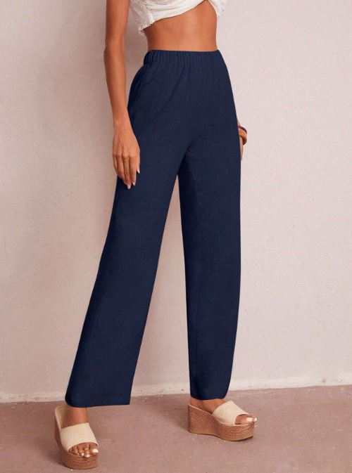 SOLID ELASTIC WAIST WIDE LEG PANTS