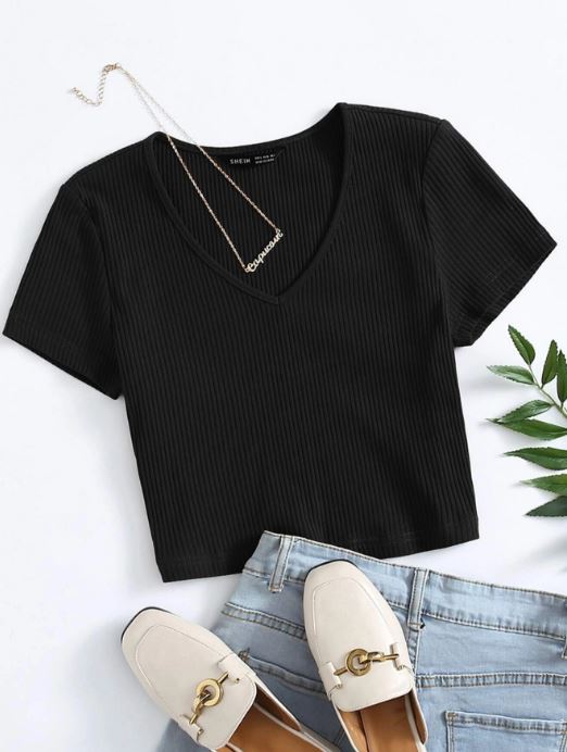 V-NECK RIB-KNIT CROP TOP