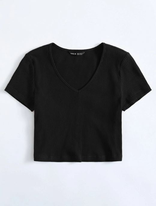 V-NECK RIB-KNIT CROP TOP