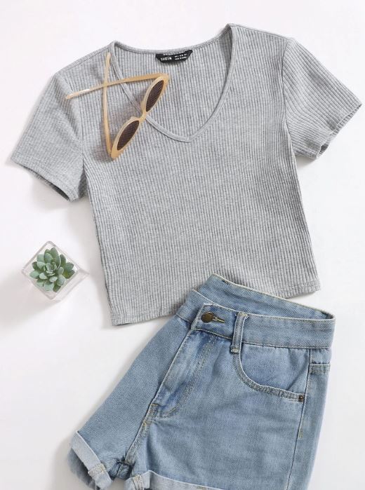 V-NECK RIB-KNIT CROP TOP