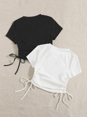 BLACK AND WHITE 2PCS DRAWSTRING SIDE ROUND NECK T-SHIRTS