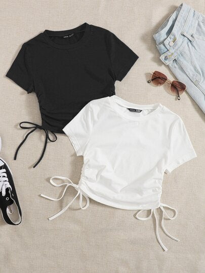 DRAWSTRING SIDE ROUND NECK T-SHIRT